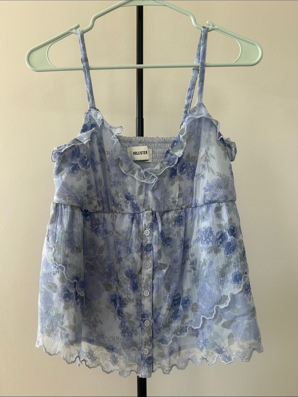 Hollister Light Blue Floral Ruffle Button-Front Cami